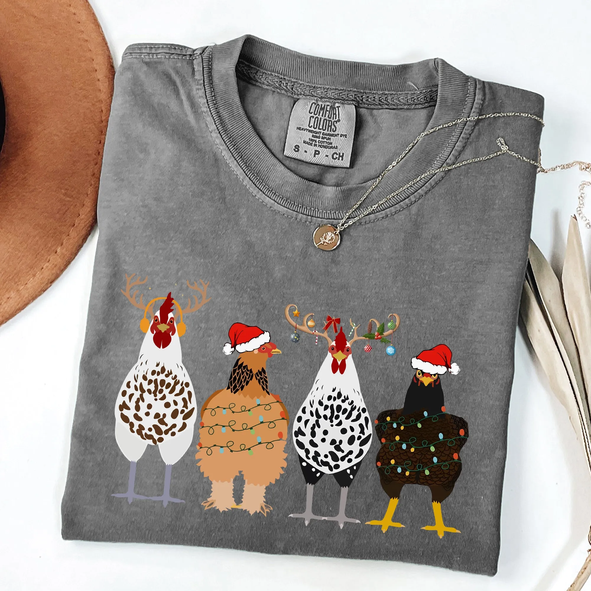 Christmas Chickens In A Row, Chicken Lovers, Santa, Farm Life, Winter, Snow, Xmas Tshirt Comfort Colors T-Shirt sold by Refinery Number One product image thumbnail 3