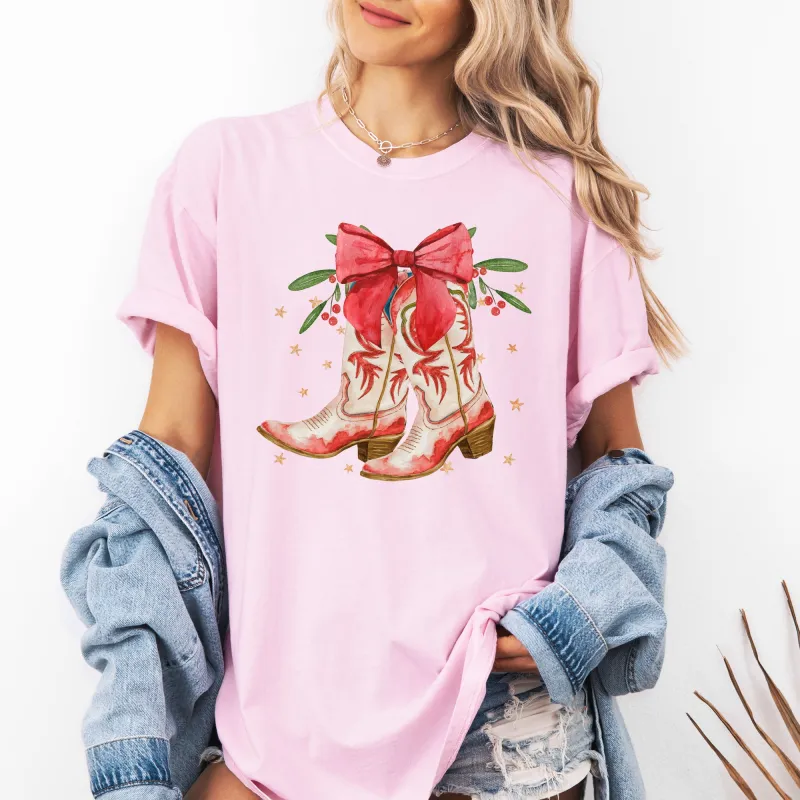 Cowgirl Boots, Cowboy, Bows, Mistletoe, Christmas, Santa, Country, Western, Xmas Tshirt Comfort Colors T-Shirt sold by Refinery Number One