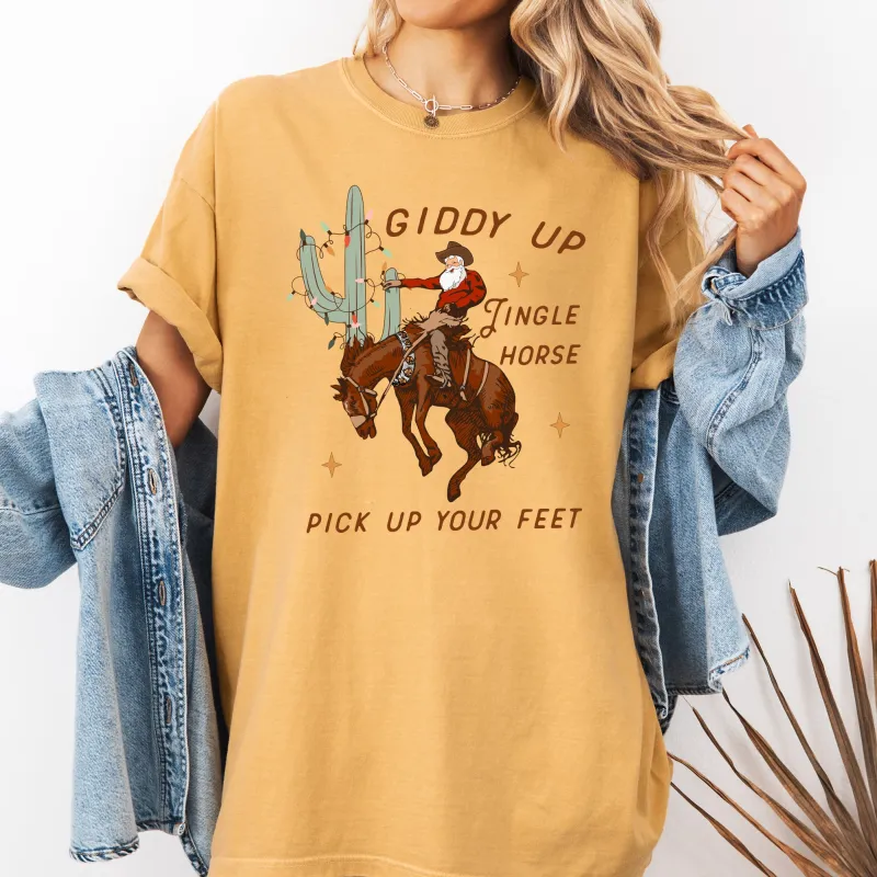 Giddy Up Jingle Horse, Santa, Christmas, Rocking Around, Cowboy, Country, Western, Xmas Tshirt Comfort Colors T-Shirt sold by Refinery Number One