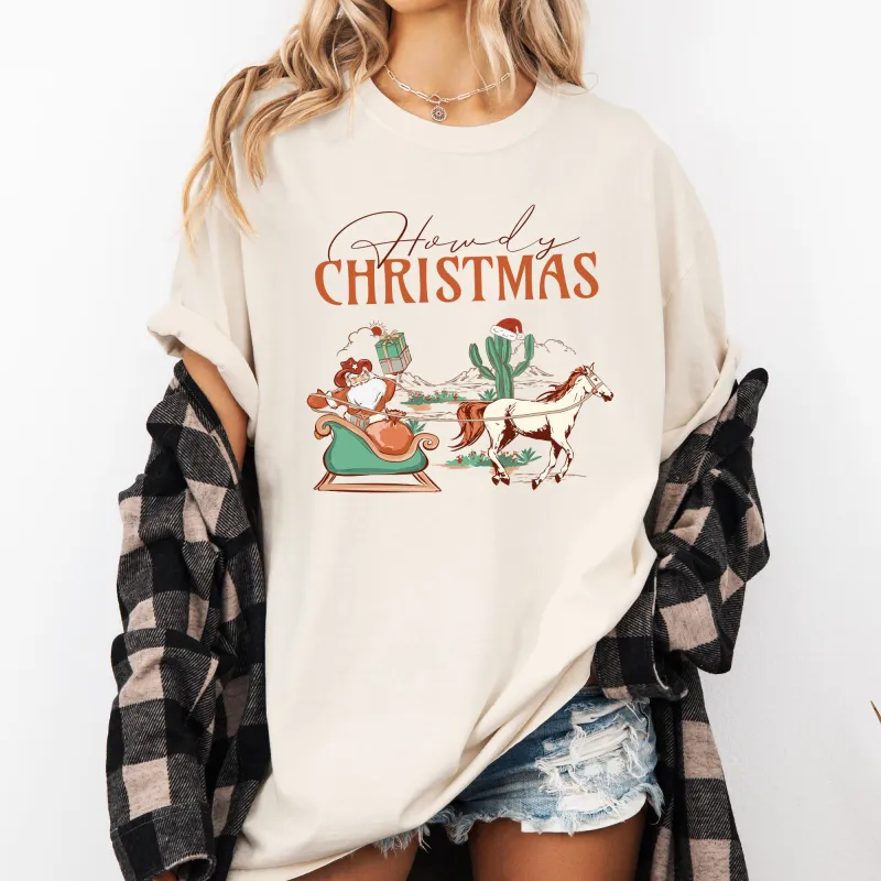 Howdy Christmas, Cowboy Santa, Western, Sleigh, Horse, Country, Xmas Tshirt Comfort Colors T-Shirt sold by Refinery Number One