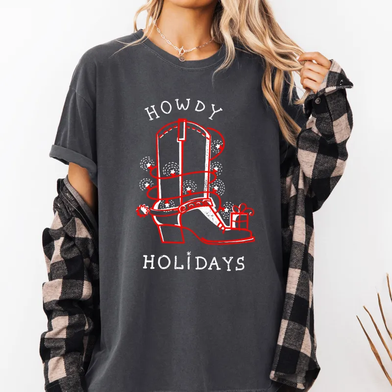 Howdy Holidays, Christmas, Cowboy Boot, Country, Western, Xmas Tshirt Comfort Colors T-Shirt sold by Refinery Number One