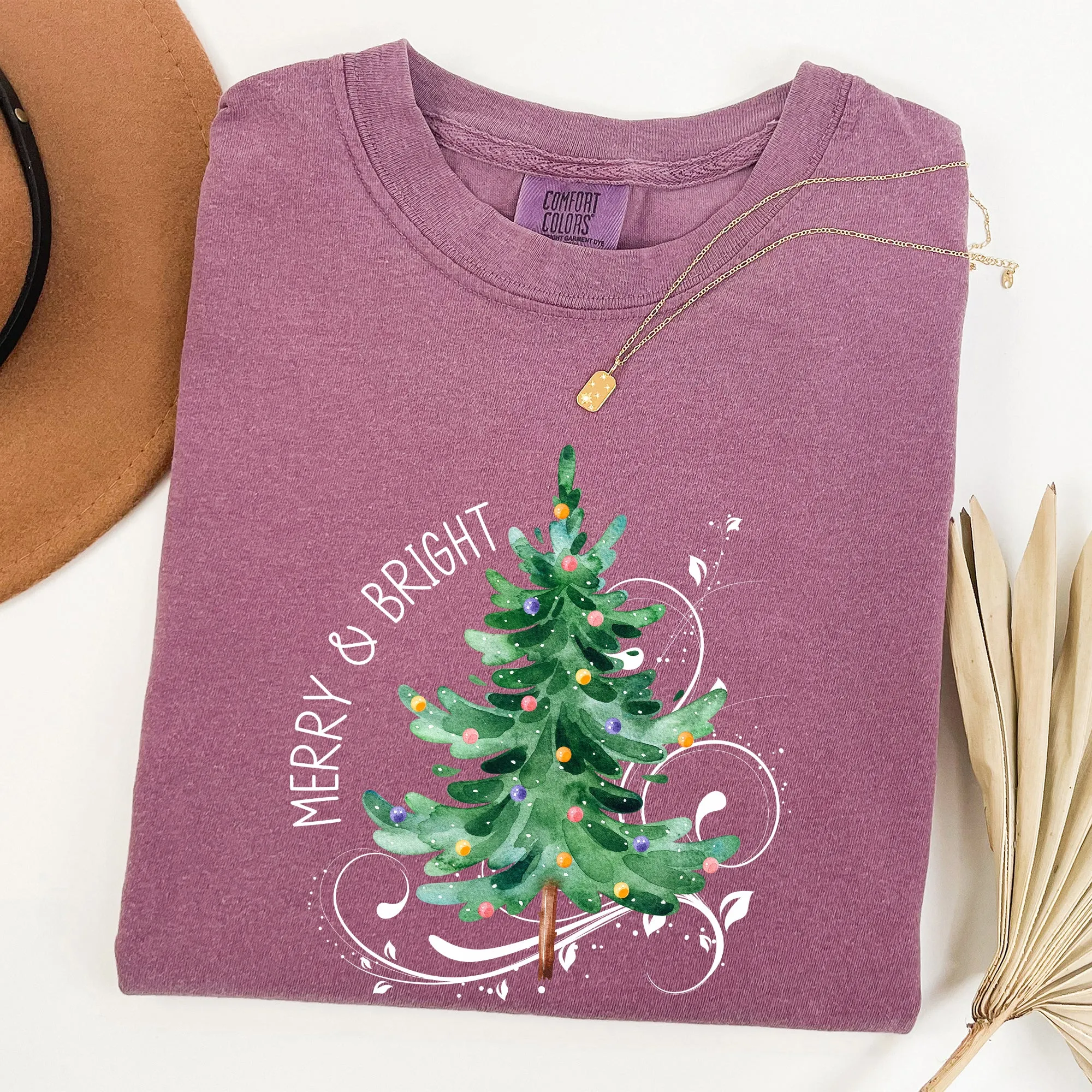 Merry and Bright, Christmas Tree with ornaments, Swirls, Santa, Winter, Xmas Tshirt Comfort Colors T-Shirt sold by Refinery Number One product image thumbnail 3