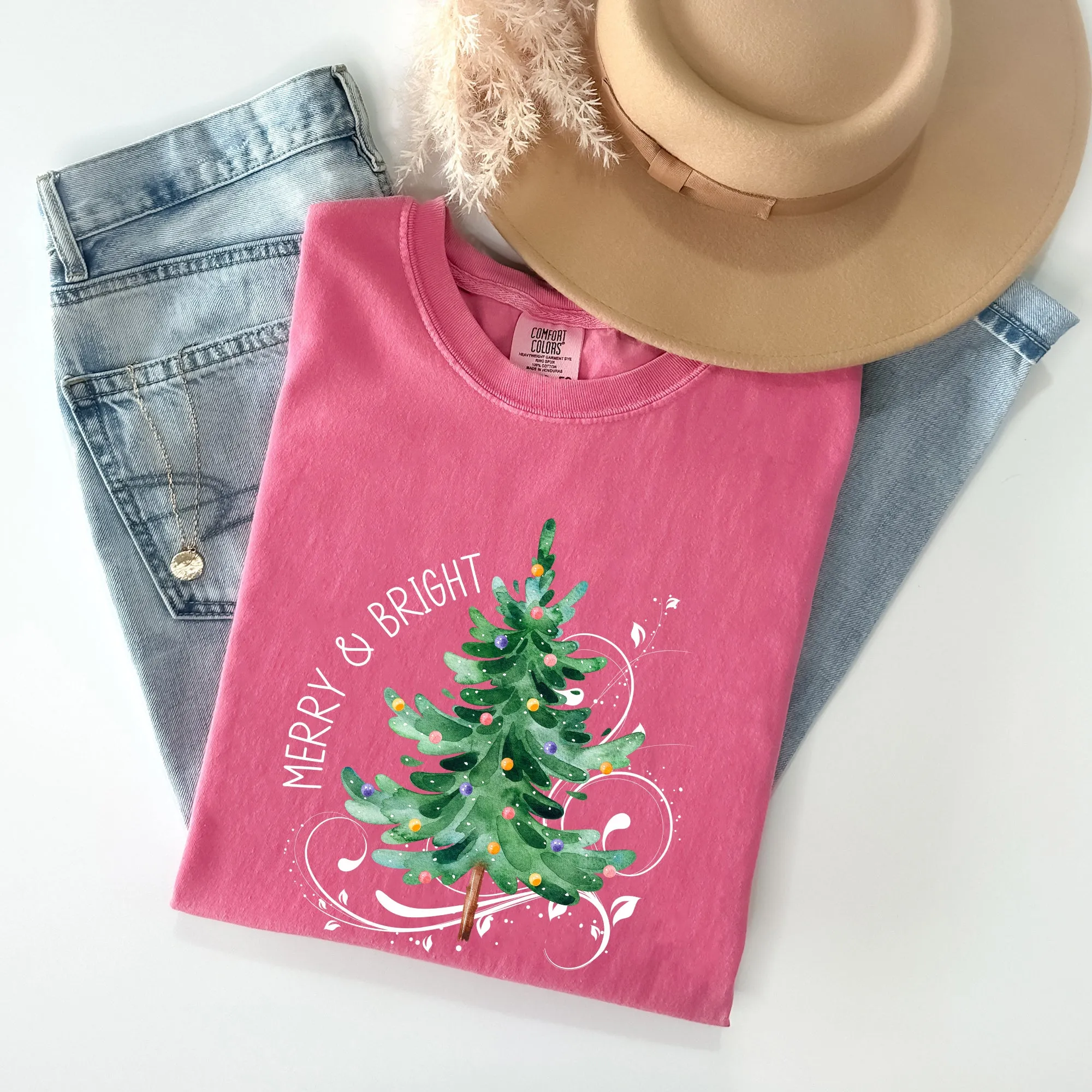 Merry and Bright, Christmas Tree with ornaments, Swirls, Santa, Winter, Xmas Tshirt Comfort Colors T-Shirt sold by Refinery Number One product image thumbnail 5