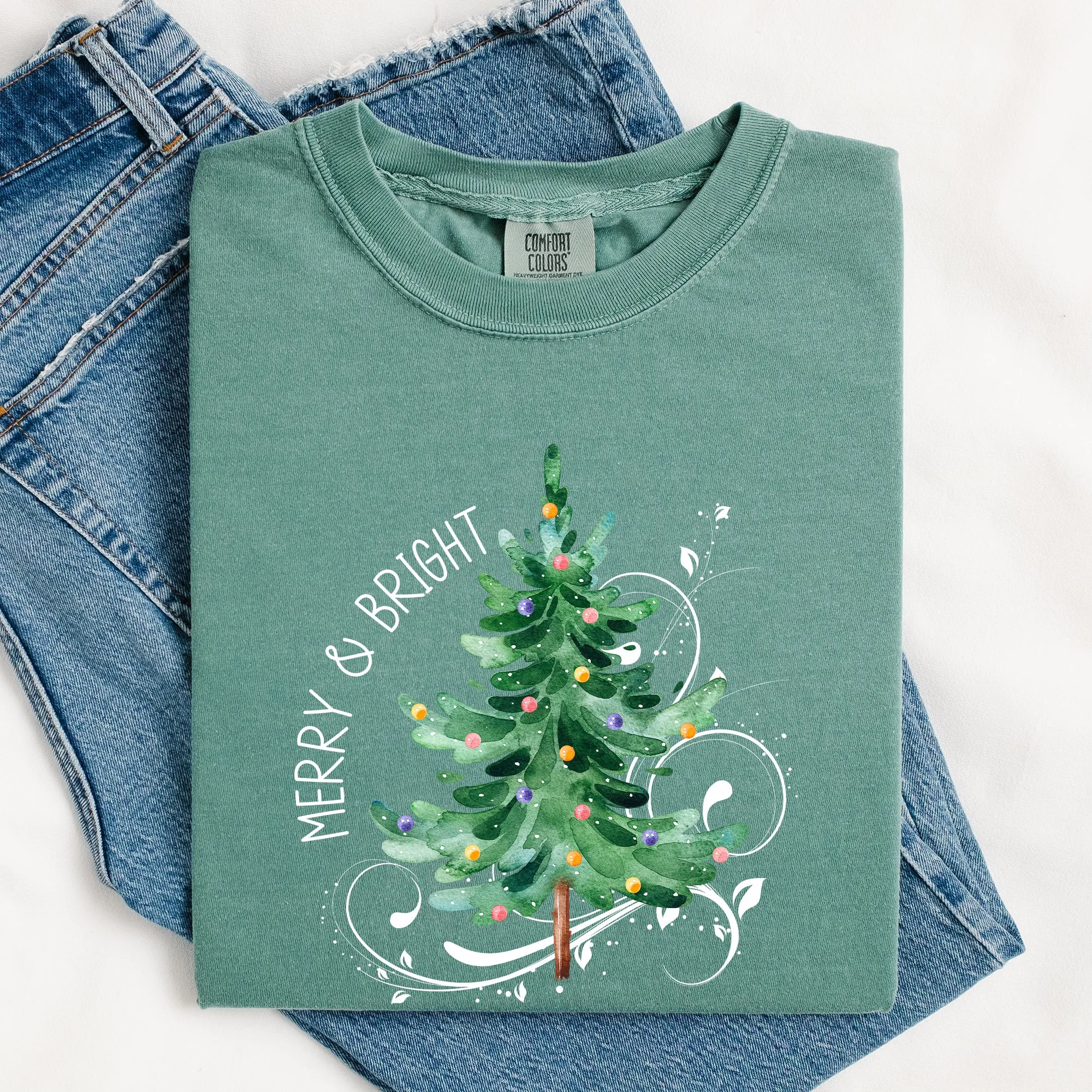 Merry and Bright, Christmas Tree with ornaments, Swirls, Santa, Winter, Xmas Tshirt Comfort Colors T-Shirt sold by Refinery Number One product image thumbnail 2