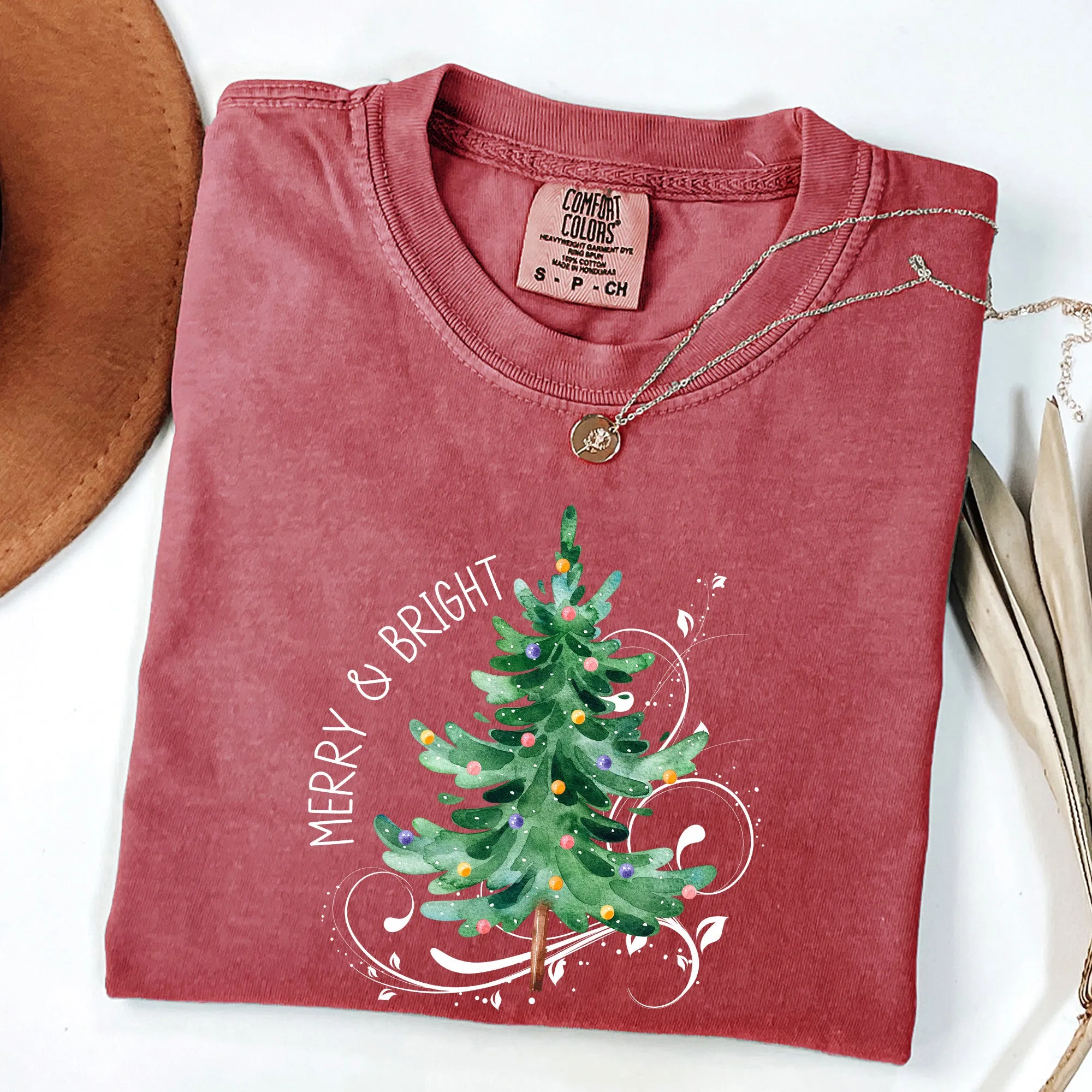 Merry and Bright, Christmas Tree with ornaments, Swirls, Santa, Winter, Xmas Tshirt Comfort Colors T-Shirt sold by Refinery Number One product image thumbnail 4