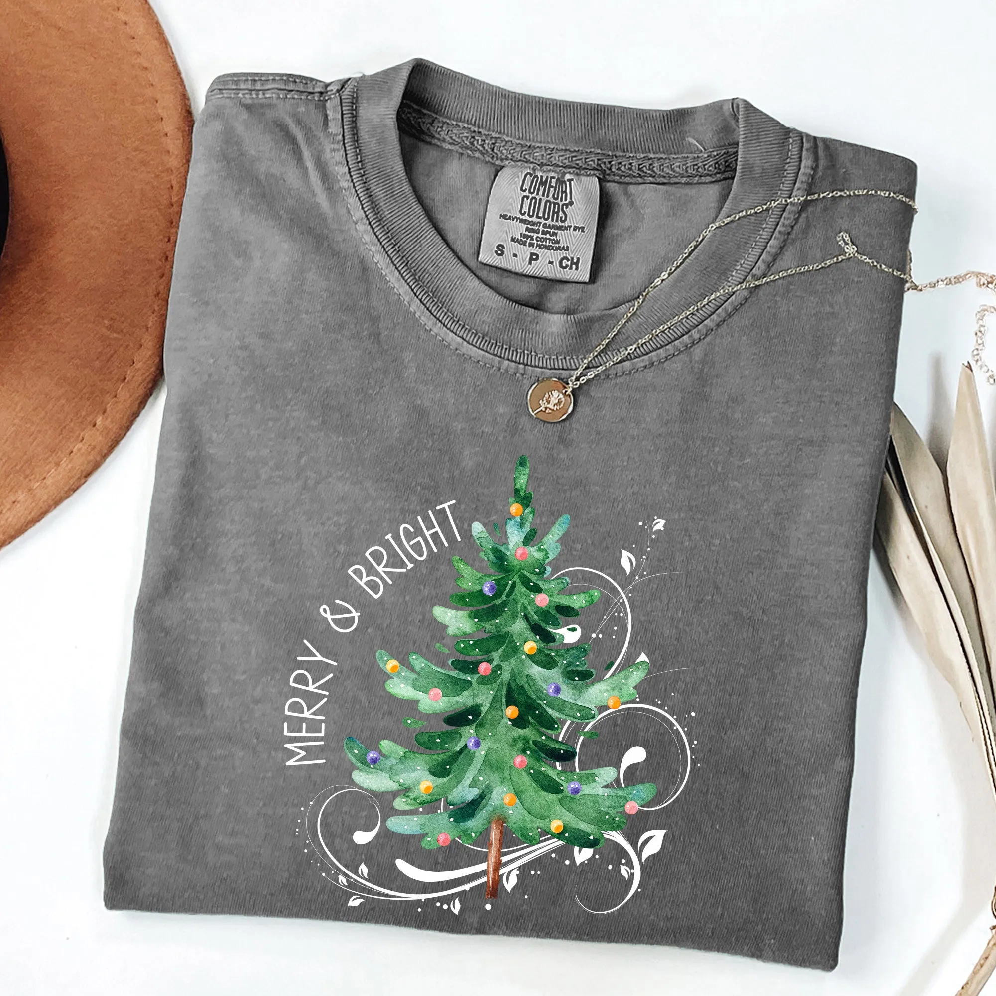 Merry and Bright, Christmas Tree with ornaments, Swirls, Santa, Winter, Xmas Tshirt Comfort Colors T-Shirt sold by Refinery Number One