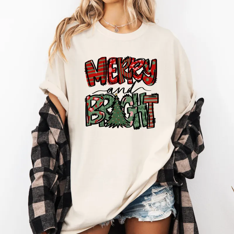 Merry and Bright, Christmas Tree, Colorful, Winter, Xmas, Santa Tshirt Comfort Colors T-Shirt sold by Refinery Number One