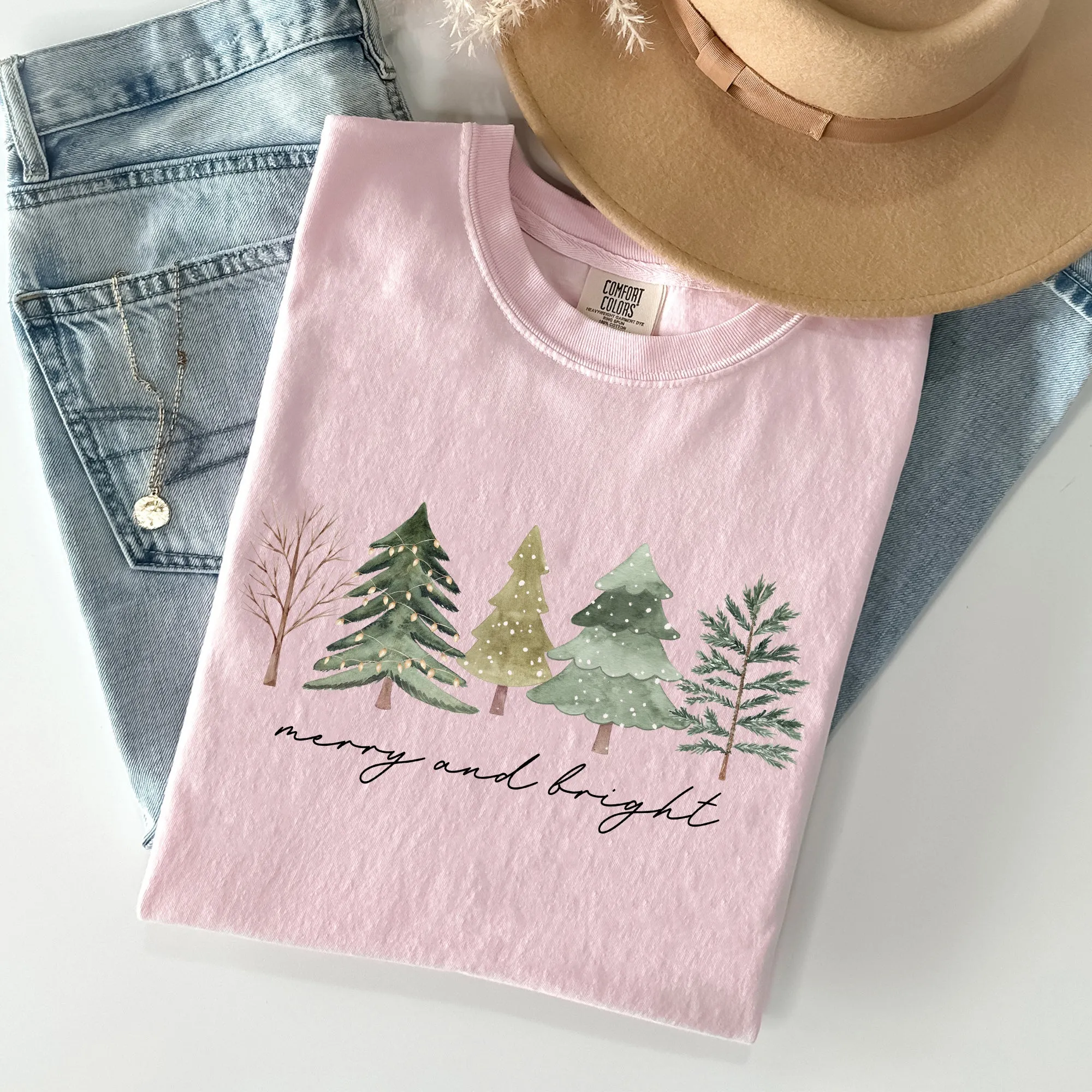 Merry and Bright, Christmas Trees, Minimalist, Winter, Snow, Xmas Tshirt Comfort Colors T-Shirt sold by Refinery Number One product image thumbnail 3
