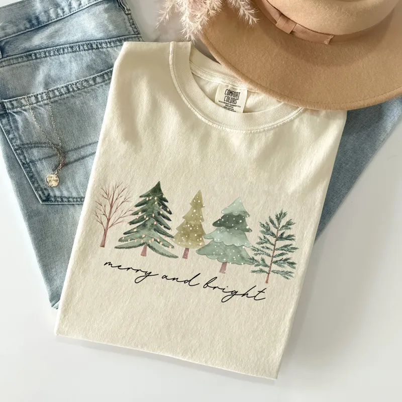 Merry and Bright, Christmas Trees, Minimalist, Winter, Snow, Xmas Tshirt Comfort Colors T-Shirt sold by Refinery Number One