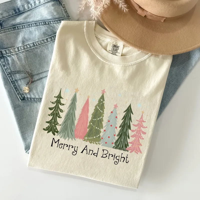 Merry and Bright, Christmas Trees, Winter, Snow, Xmas Tshirt Comfort Colors T-Shirt sold by Refinery Number One