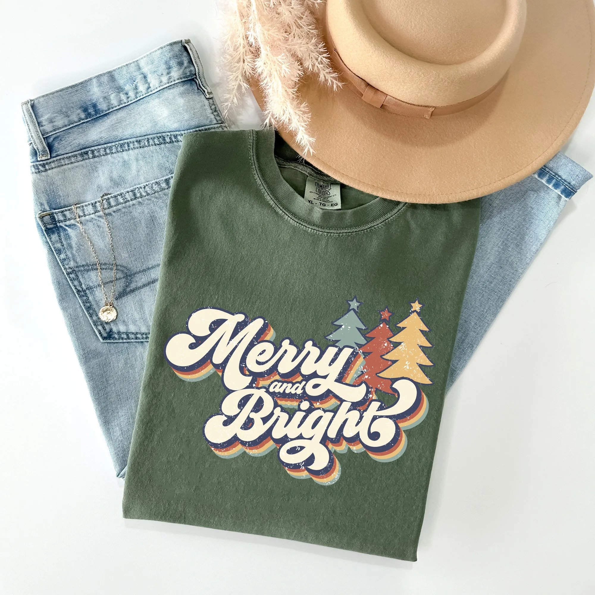 Merry and Bright, Colorful Retro, Christmas, Winter, Xmas, Santa Tshirt Comfort Colors T-Shirt sold by Refinery Number One product image thumbnail 2