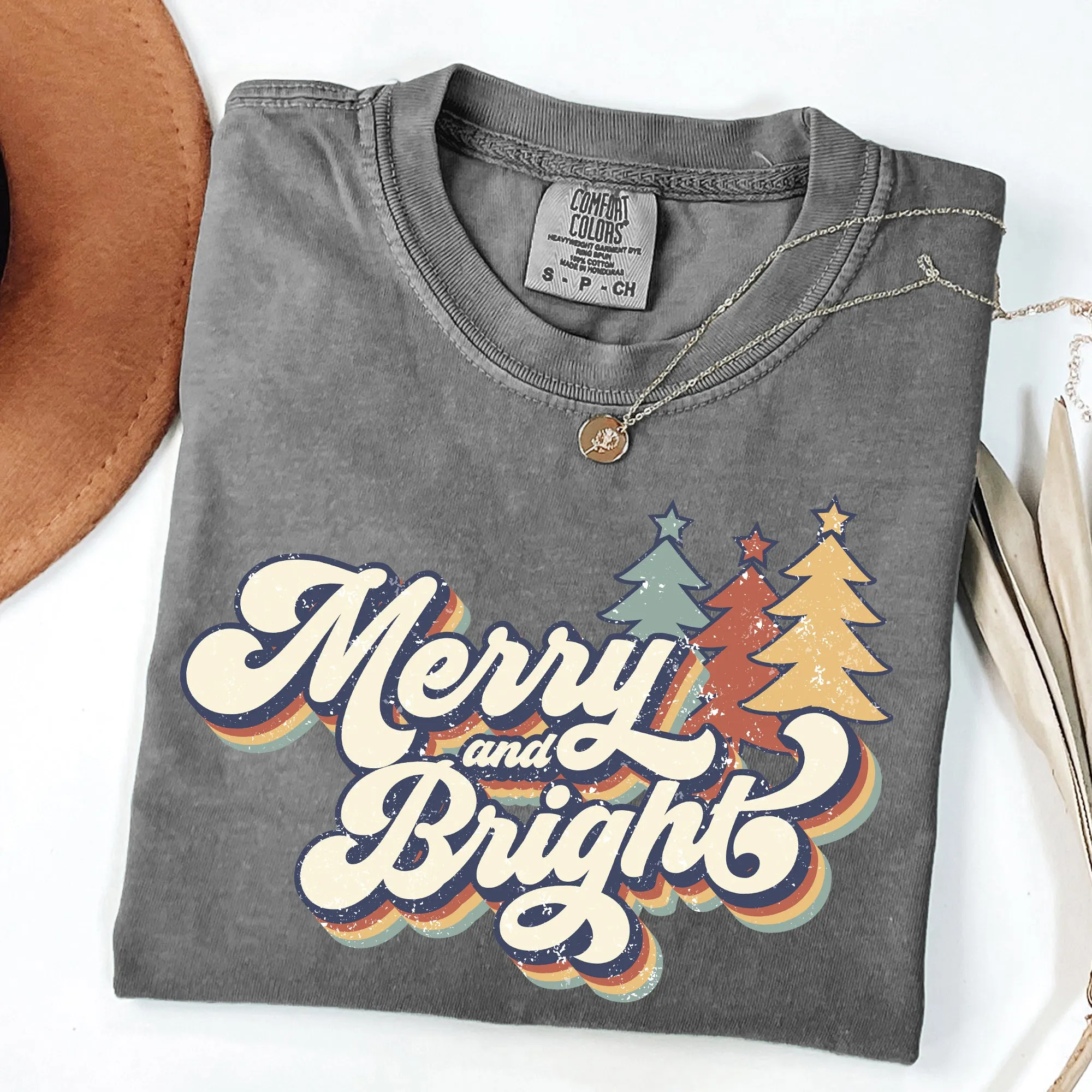 Merry and Bright, Colorful Retro, Christmas, Winter, Xmas, Santa Tshirt Comfort Colors T-Shirt sold by Refinery Number One