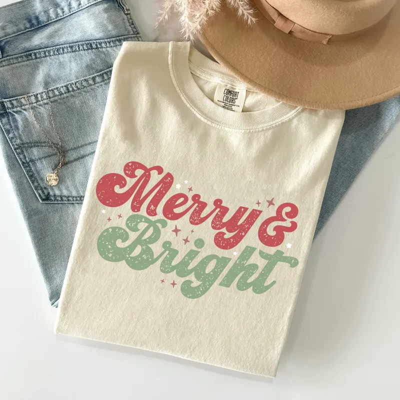 Merry and Bright, Red and Green, Christmas, Winter, Xmas Tshirt Comfort Colors T-Shirt sold by Refinery Number One