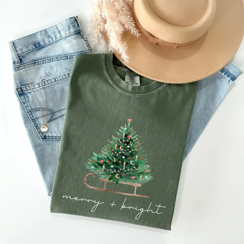 Merry and Bright, Sleigh, Christmas Tree, Winter, Snow, Xmas Tshirt Comfort Colors T-Shirt sold by Refinery Number One