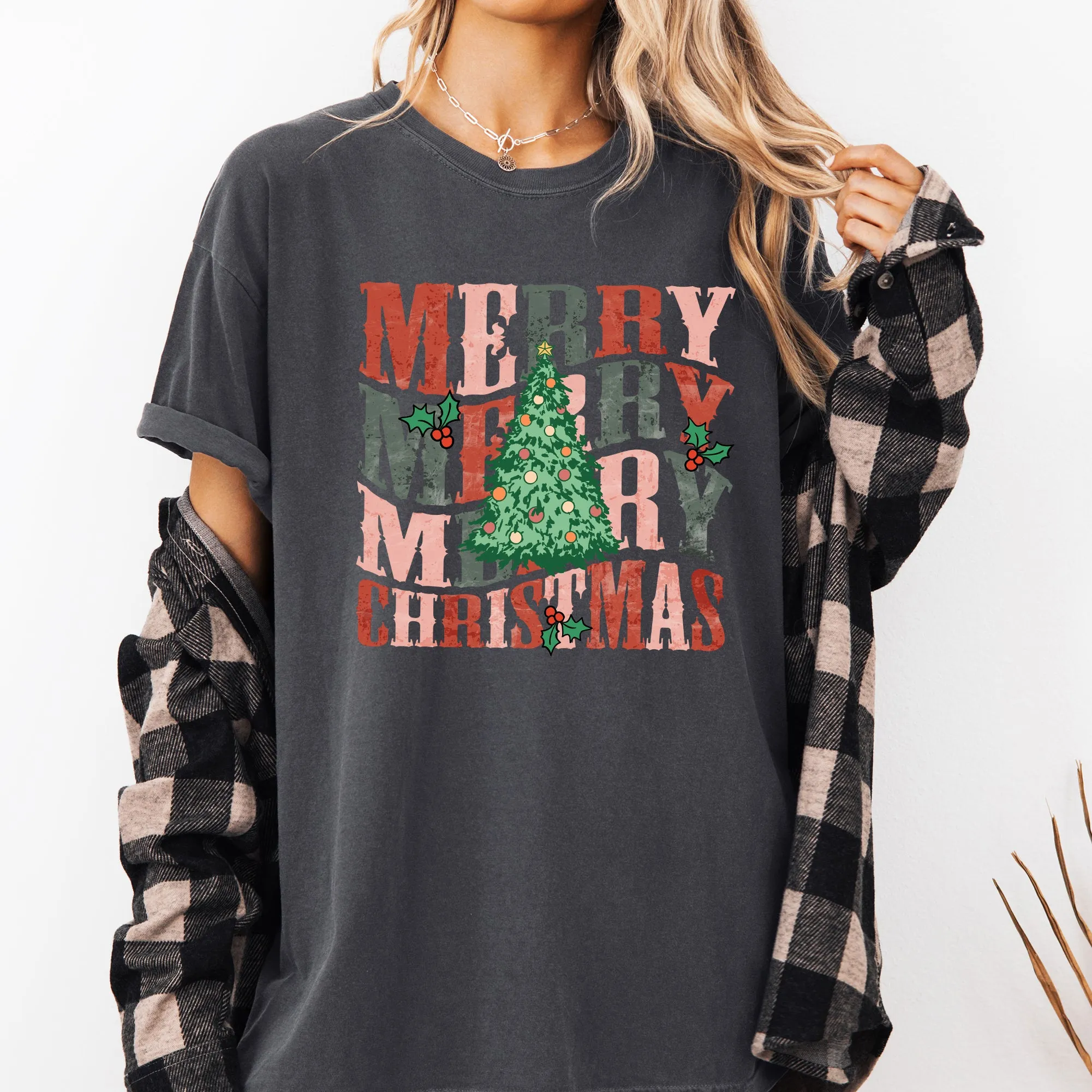 Merry Christmas, Retro Tree, Holly, Santa, Winter, Xmas Tshirt Comfort Colors T-Shirt sold by Refinery Number One product image thumbnail 2