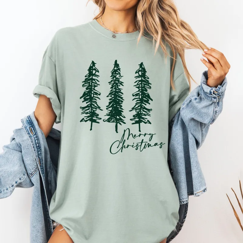 Merry Christmas, Sketched Pine Trees, Minimalist, Winter, Snow, Xmas Tshirt Comfort Colors T-Shirt sold by Refinery Number One
