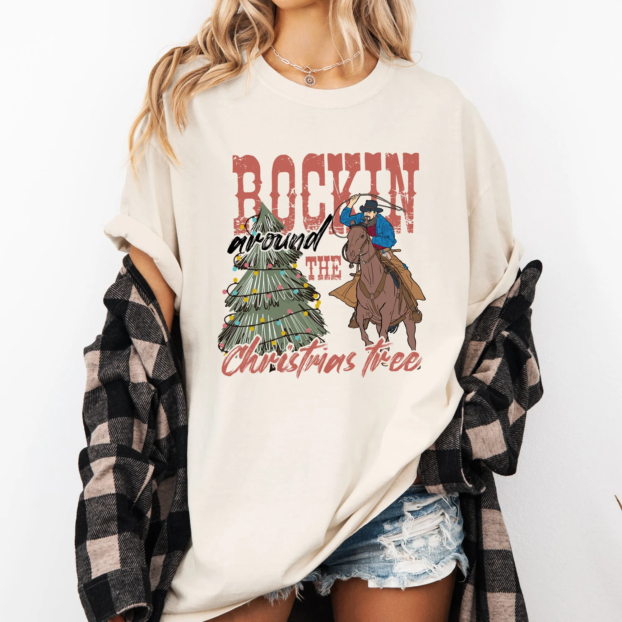 Rockin Around The Christmas Tree, Cowboy, Lasso, Country, Western, Santa, Xmas Tshirt Comfort Colors T-Shirt sold by Refinery Number One