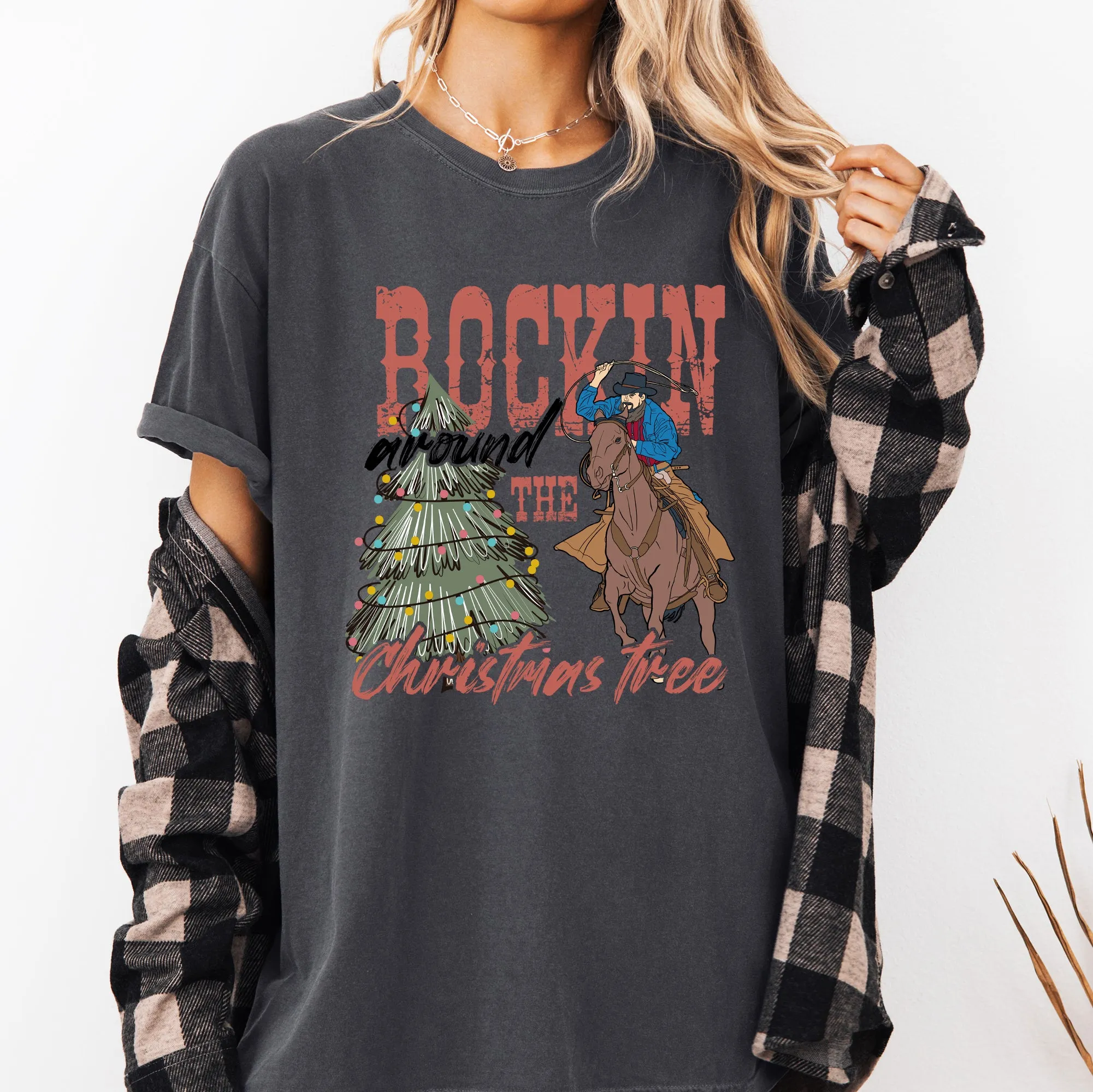 Rockin Around The Christmas Tree, Cowboy, Lasso, Country, Western, Santa, Xmas Tshirt Comfort Colors T-Shirt sold by Refinery Number One product image thumbnail 5