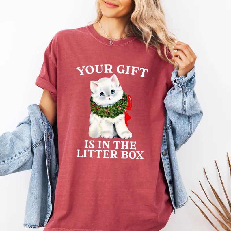 Your Gift Is In The Litter Box, Cat, Christmas, Naughty, Funny, Snow, Santa, Xmas Tshirt Comfort Colors T-Shirt sold by Refinery Number One