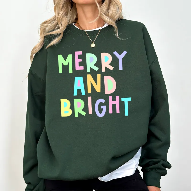 Merry And Bright Christmas Sweatshirt, Positivity, Funny, Sarcastic, Mom Gift, Xmas, Winter, Mental Health, Colorful, Pastel, Crewneck, Crew Neck Sweatshirt sold by Refinery Number One