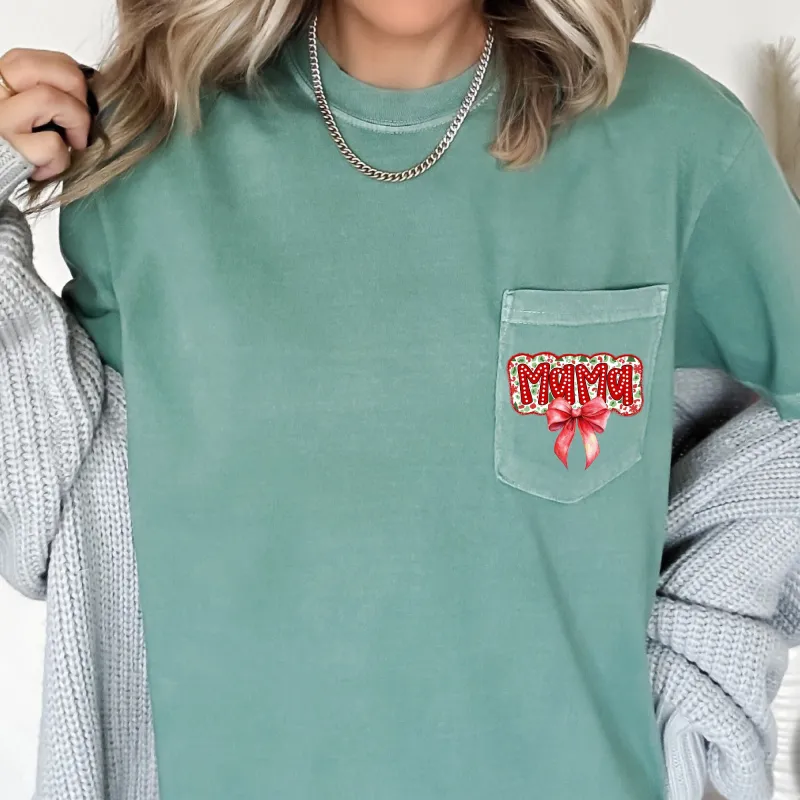 Mama, Christmas Bow, Retro Pocket, Santa, Winter Pocket Tee Comfort Colors T-Shirt sold by Refinery Number One