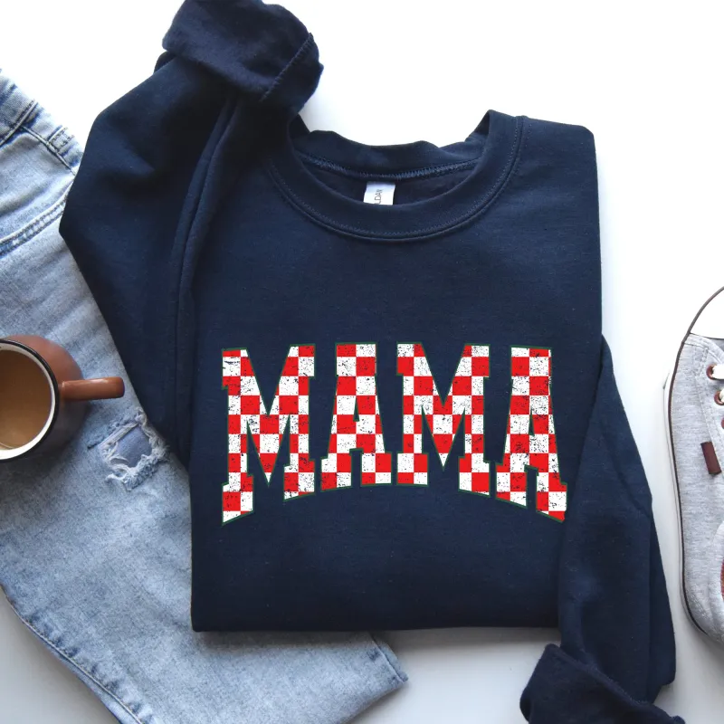 Mama, Christmas Checkered, Red, White, Santa, Varsity, Retro, Vintage Sweatshirt sold by Refinery Number One