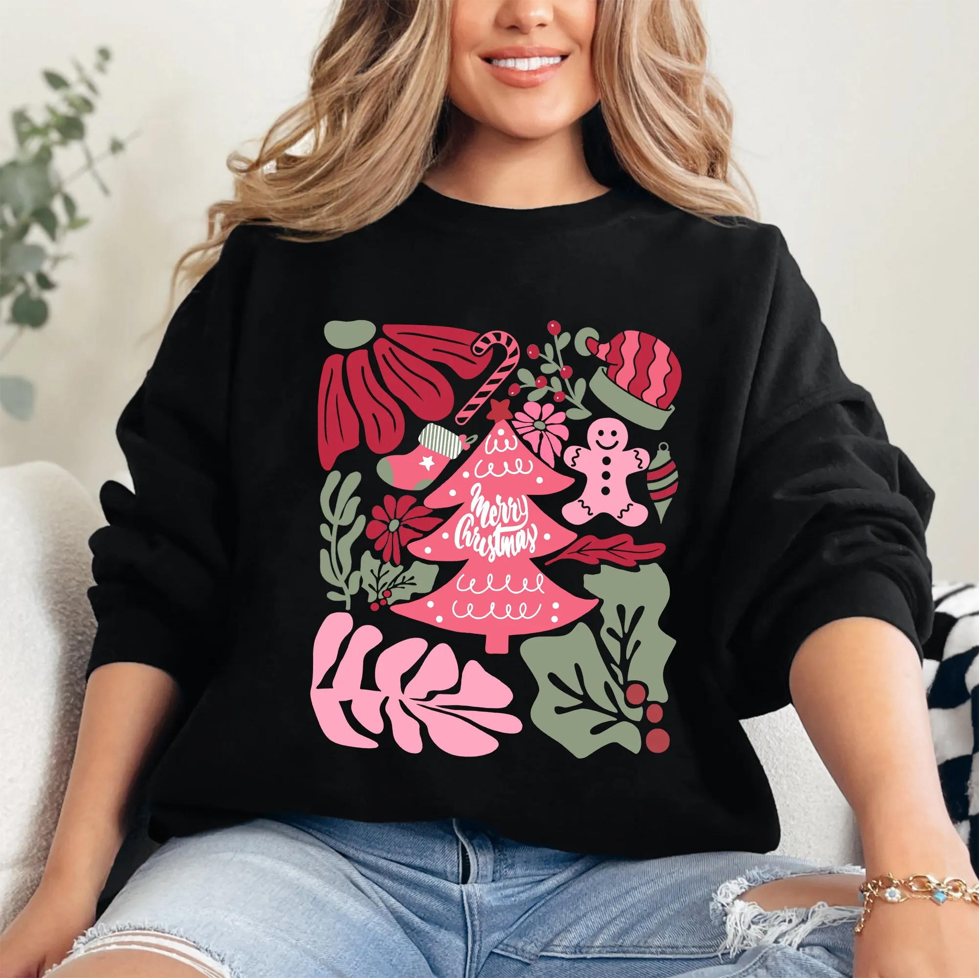 Merry Christmas, Pink Floral, Flowers, Xmas Sweatshirt sold by Refinery Number One product image thumbnail 3