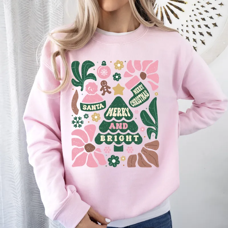 Pink Merry and Bright, Ornament, Tree, Merry Christmas, Flowers, Floral Sweatshirt sold by Refinery Number One