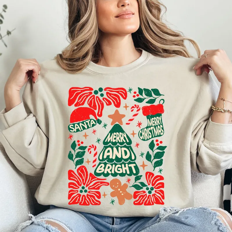 Red Merry and Bright, Candy Cane, Tree, Merry Christmas, Flowers, Floral Sweatshirt sold by Refinery Number One
