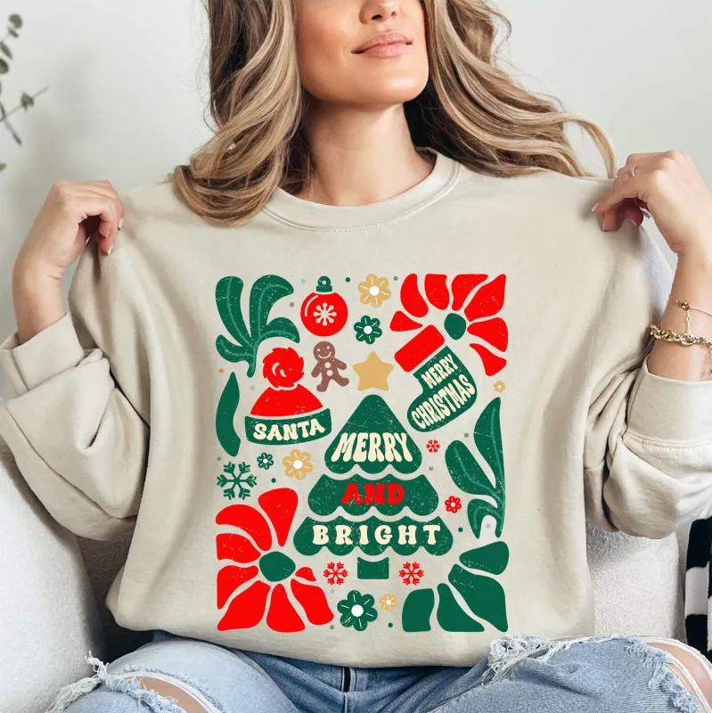 Red Merry and Bright, Ornament, Tree, Merry Christmas, Flowers, Floral Sweatshirt sold by Refinery Number One