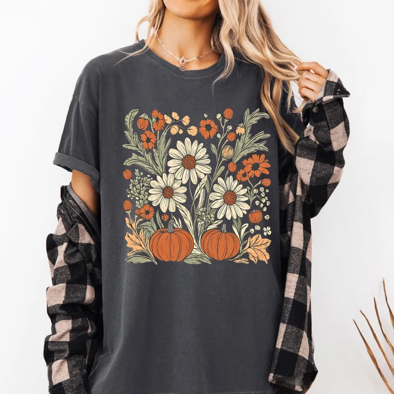 Autumn Botanical, Floral, Flowers, Pressed Flowers, Pumpkins, Thanksgiving Tshirt Comfort Colors T-Shirt made by Refinery Number One