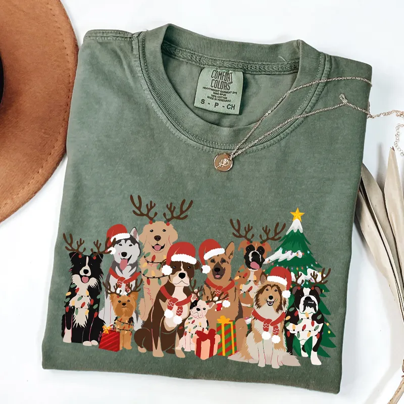 Christmas Dogs, Antlers, Reindeer, Santa, Dog Lover Tshirt Comfort Colors T-Shirt sold by Refinery Number One