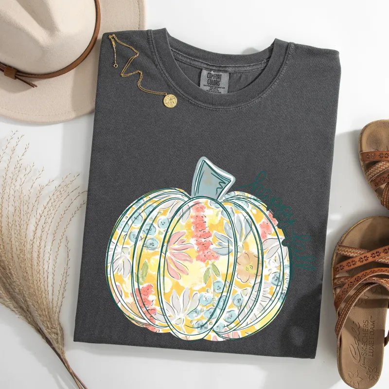Floral Pumpkin, Happy Fall, Pastels, Flowers, Autumn, Thanksgiving Tshirt Comfort Colors T-Shirt sold by Refinery Number One