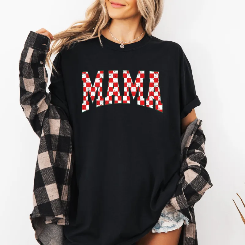Mama, Christmas Checkered, Red, White, Santa, Varsity, Retro, Vintage Tshirt Comfort Colors T-Shirt sold by Refinery Number One