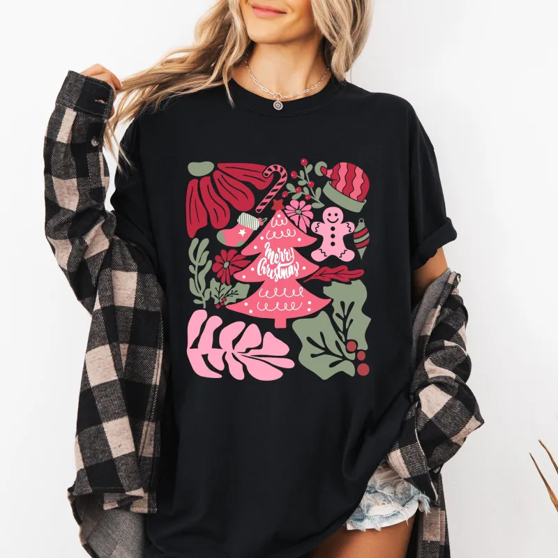 Merry Christmas, Pink Floral, Flowers, Xmas Tshirt Comfort Colors T-Shirt sold by Refinery Number One