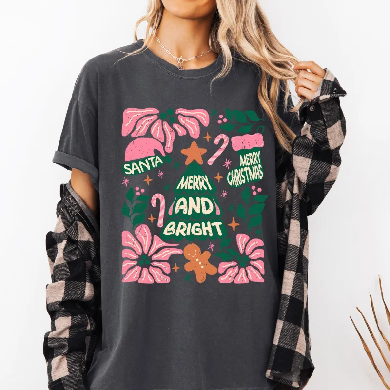 Pink Merry and Bright, Candy Cane, Tree, Merry Christmas, Flowers, Floral Tshirt Comfort Colors T-Shirt sold by Refinery Number One