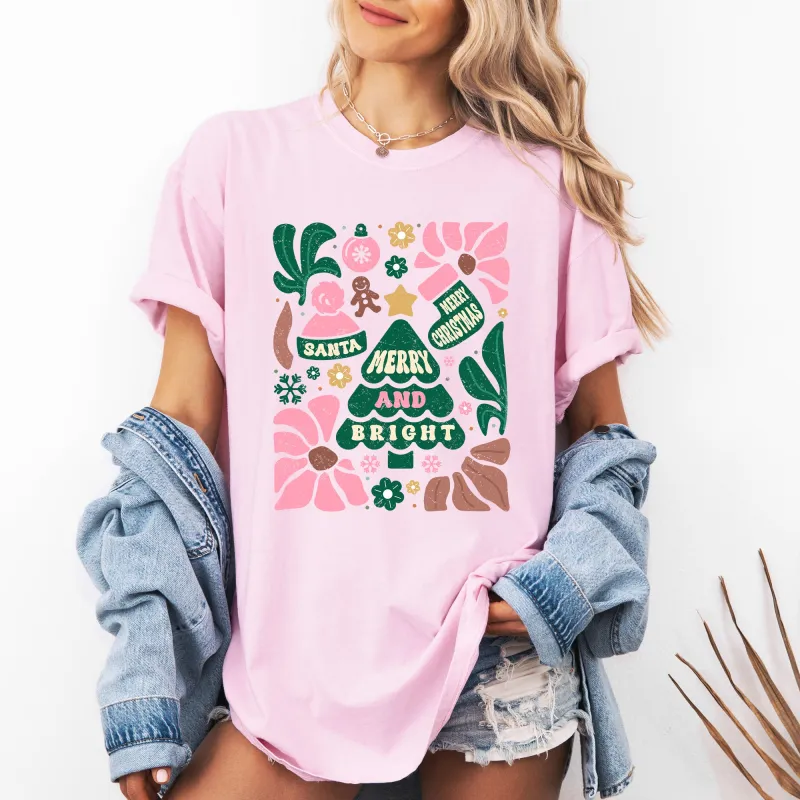 Pink Merry and Bright, Ornament, Tree, Merry Christmas, Flowers, Floral Tshirt Comfort Colors T-Shirt sold by Refinery Number One