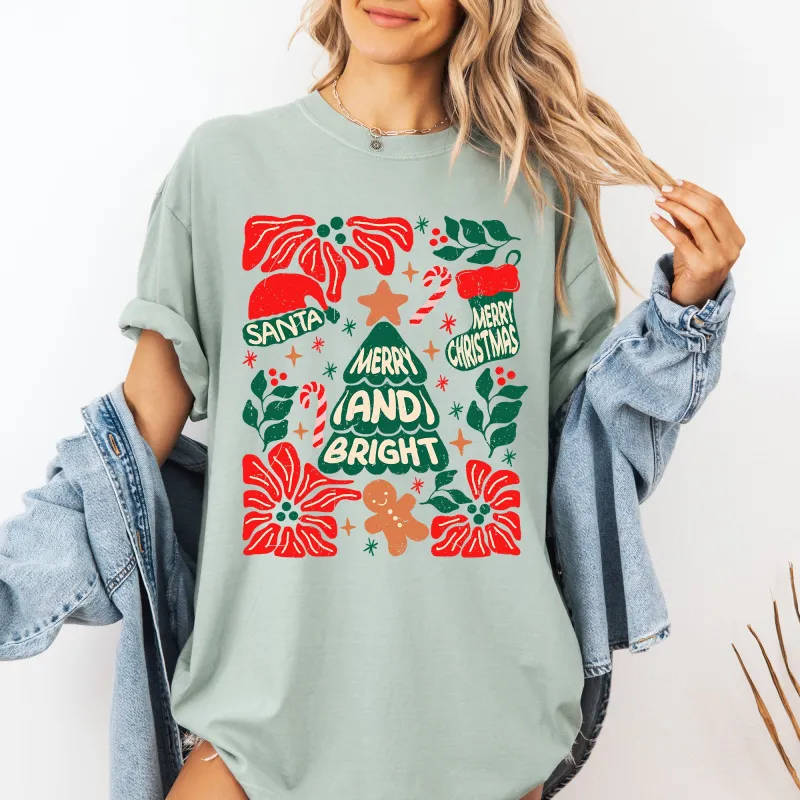 Red Merry and Bright, Candy Cane, Tree, Merry Christmas, Flowers, Floral Tshirt Comfort Colors T-Shirt made by Refinery Number One