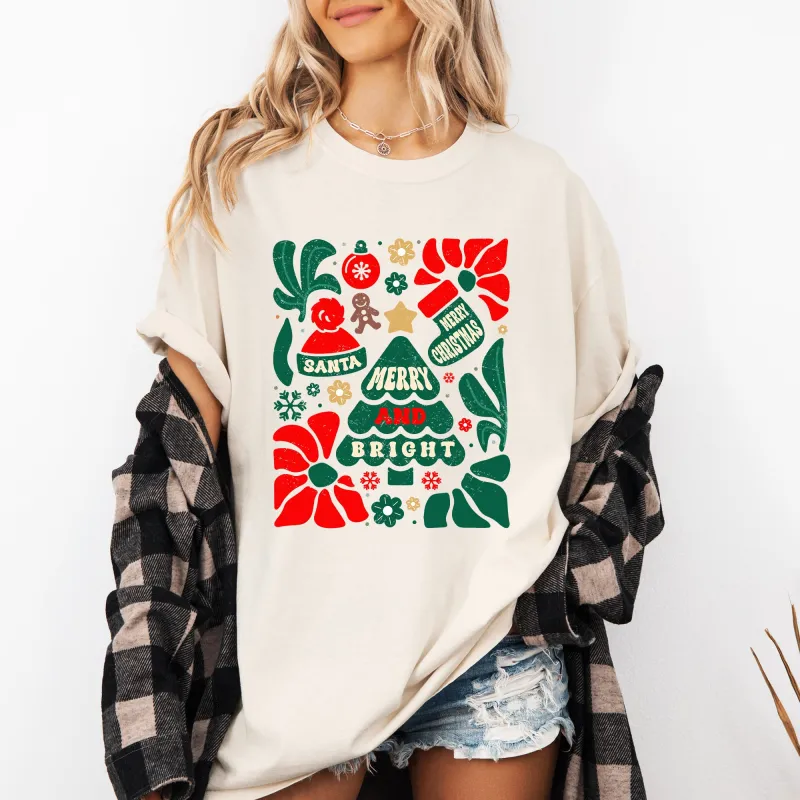 Red Merry and Bright, Ornament, Tree, Merry Christmas, Flowers, Floral Tshirt Comfort Colors T-Shirt sold by Refinery Number One