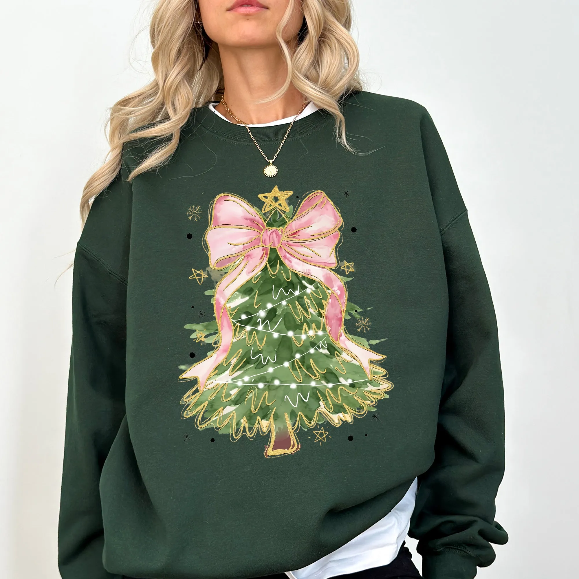 Beautiful Christmas Tree Coquette Ribbon Bows Xmas Ornament Theme Cozy Festive Print Sweatshirt sold by Refinery Number One product image thumbnail 3