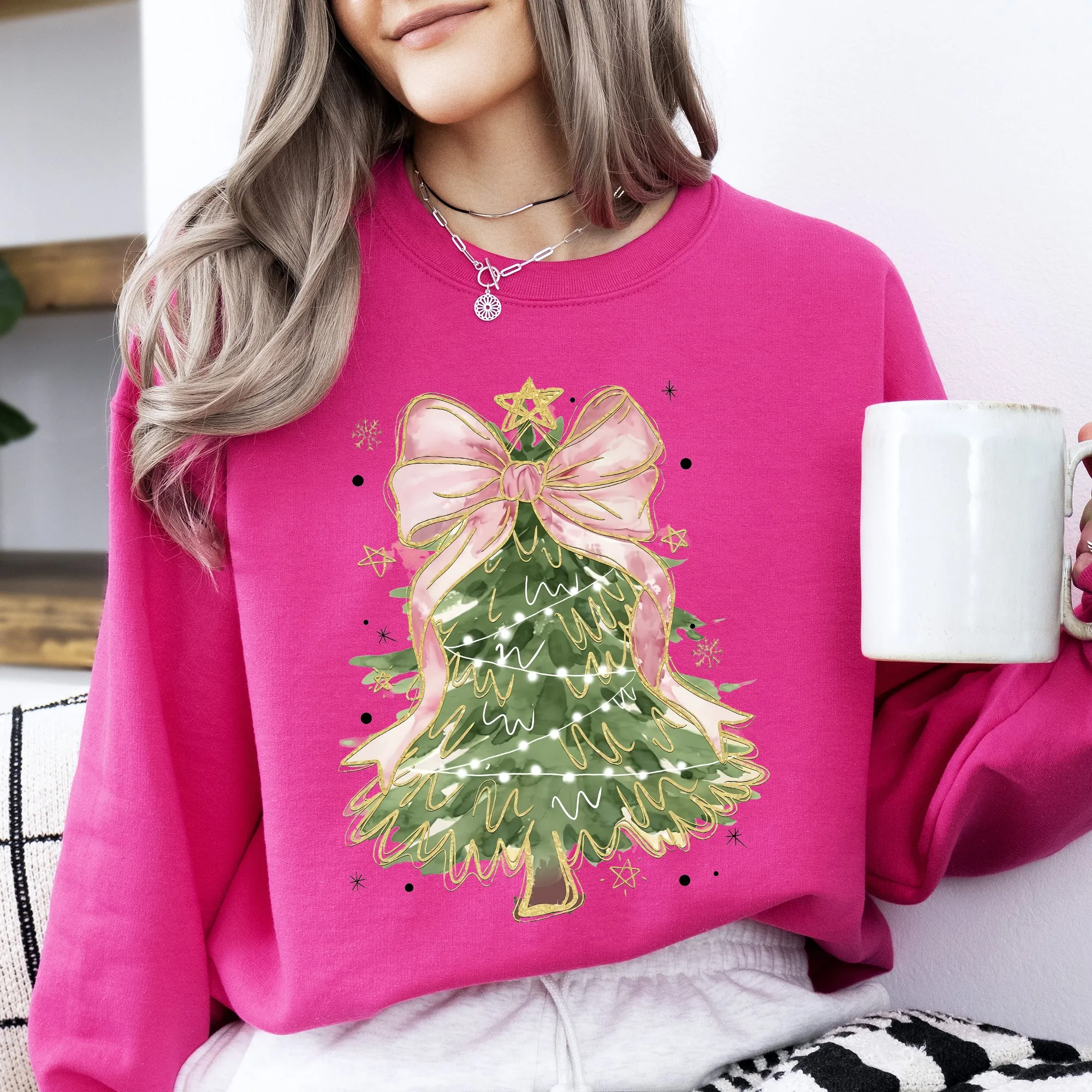 Beautiful Christmas Tree Coquette Ribbon Bows Xmas Ornament Theme Cozy Festive Print Sweatshirt sold by Refinery Number One product image thumbnail 4