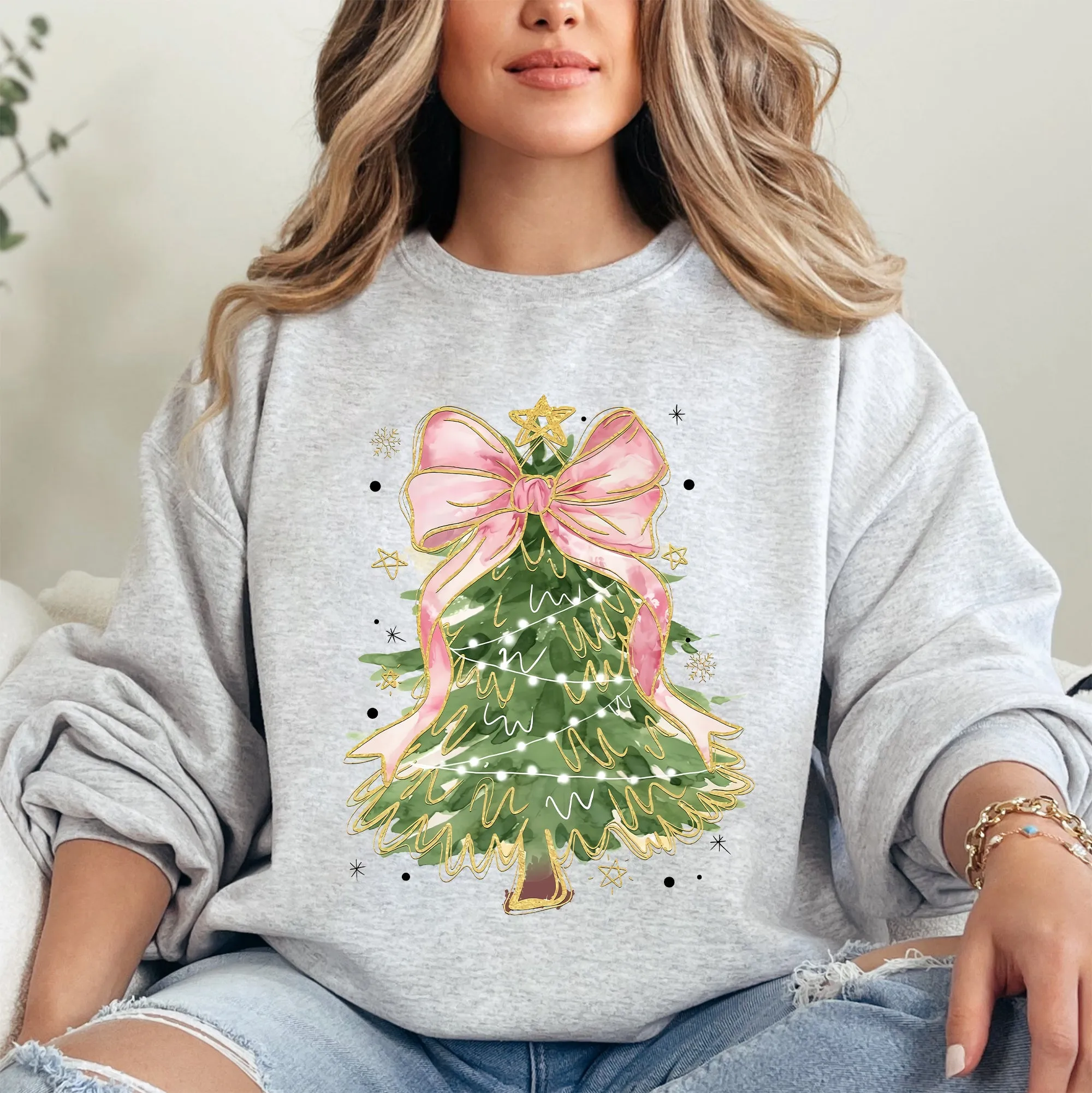 Beautiful Christmas Tree Coquette Ribbon Bows Xmas Ornament Theme Cozy Festive Print Sweatshirt sold by Refinery Number One product image thumbnail 2