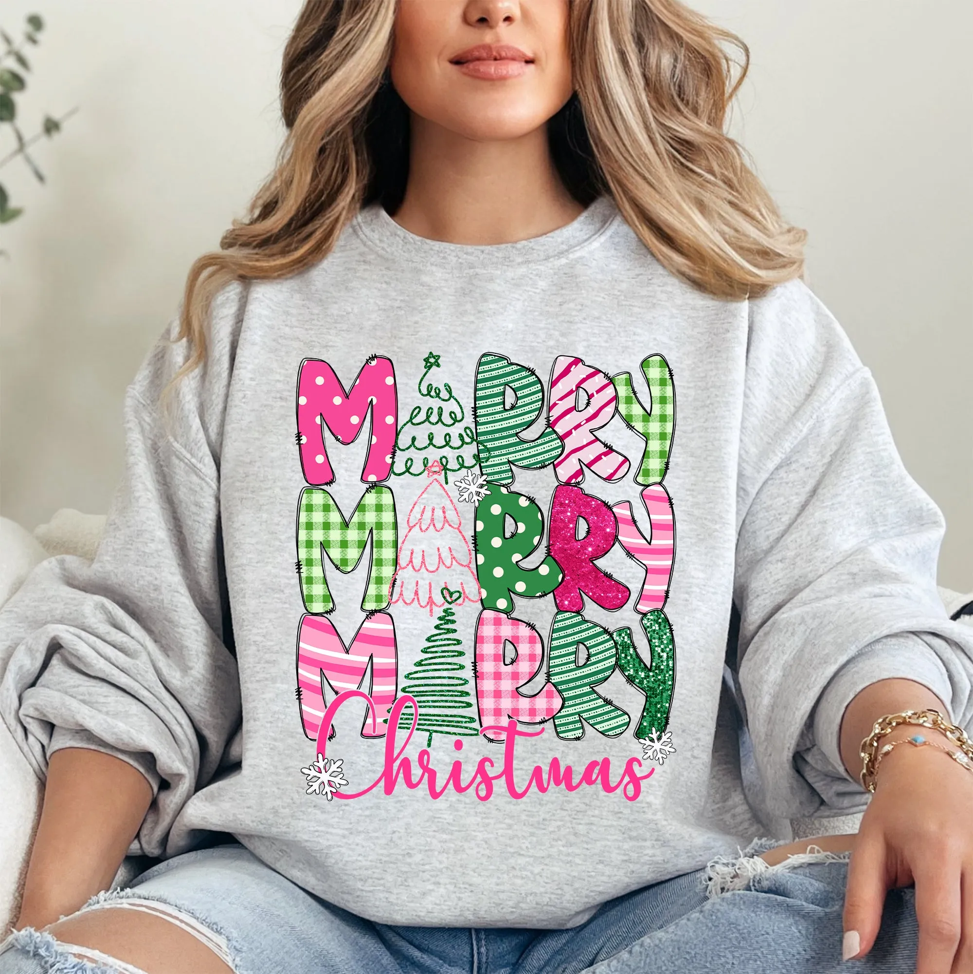 Merry Merry Merry Christmas, Colorful, Patterns, Santa, Xmas Sweatshirt sold by Refinery Number One product image thumbnail 2