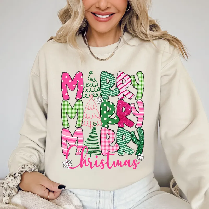Merry Merry Merry Christmas, Colorful, Patterns, Santa, Xmas Sweatshirt sold by Refinery Number One