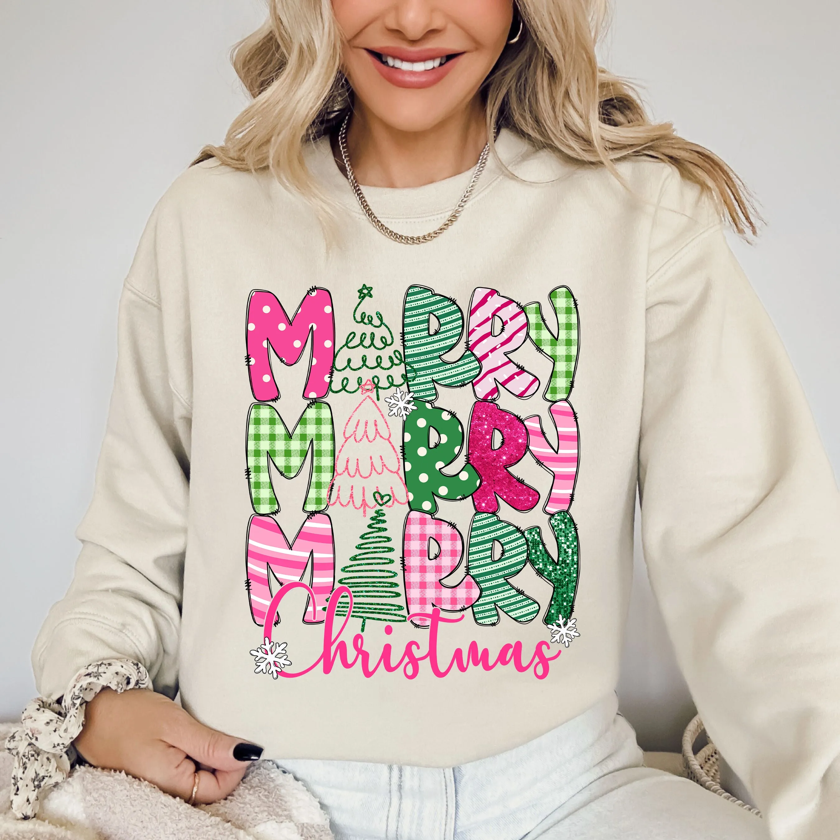 Merry Merry Merry Christmas, Colorful, Patterns, Santa, Xmas Sweatshirt sold by Refinery Number One