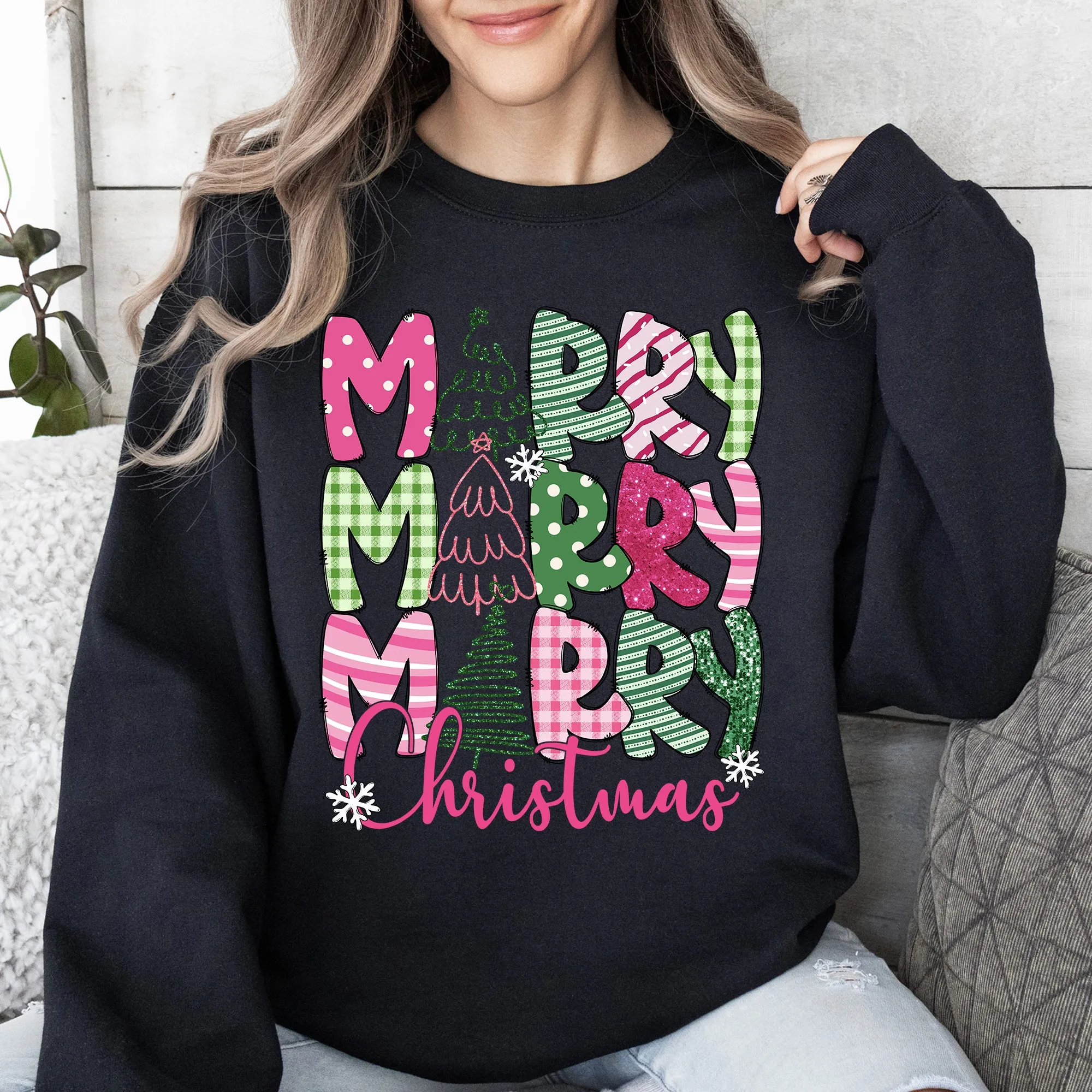 Merry Merry Merry Christmas, Colorful, Patterns, Santa, Xmas Sweatshirt sold by Refinery Number One product image thumbnail 3