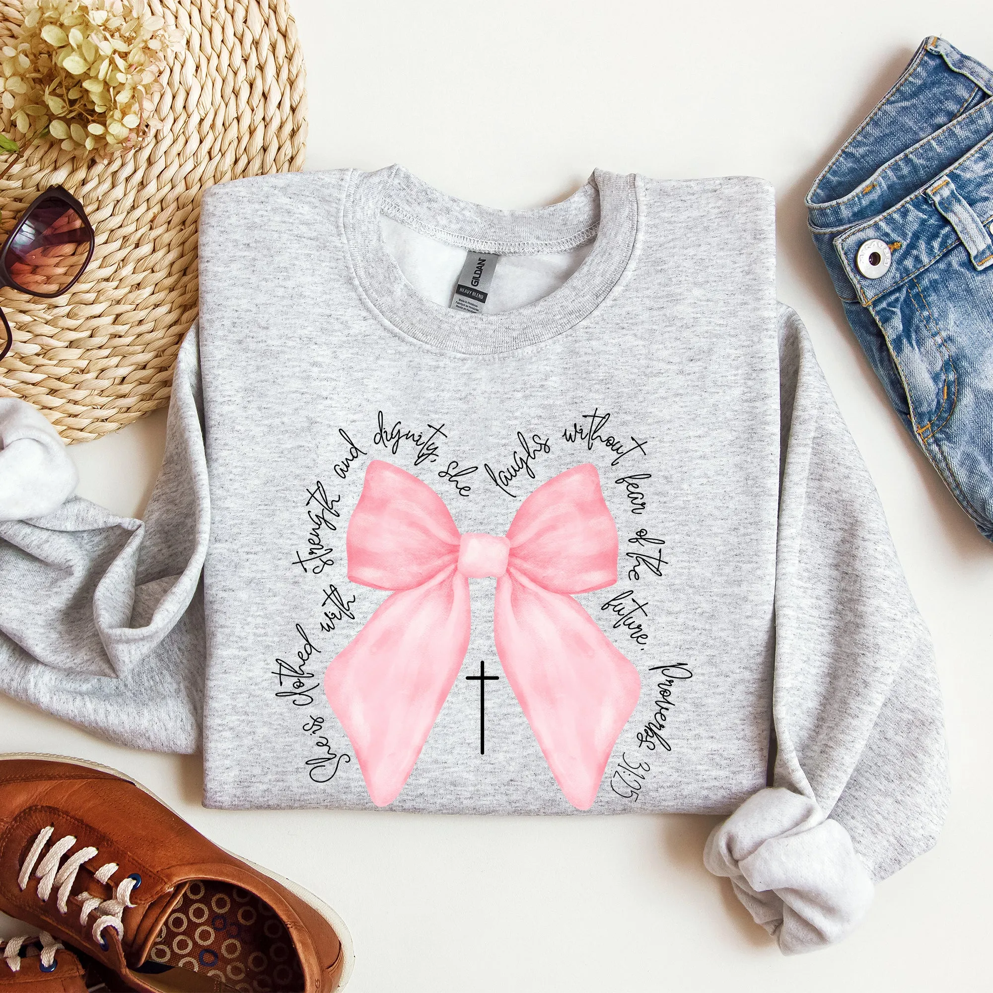 She Is Clothed With Strength and Dignity, Proverbs, Bows, Ribbon, Girly, Religious, Christmas, Faith Sweatshirt sold by Refinery Number One product image thumbnail 3