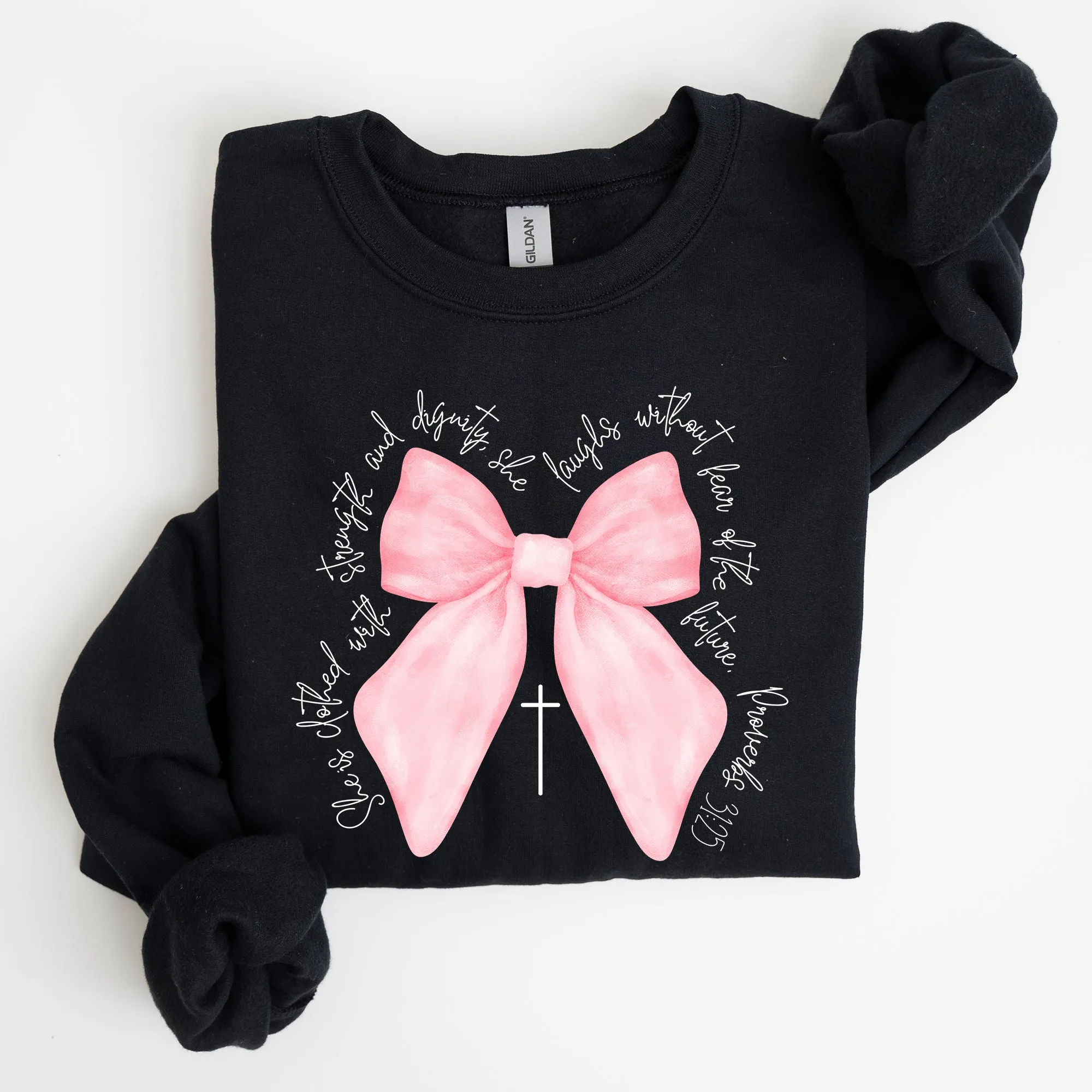 She Is Clothed With Strength and Dignity, Proverbs, Bows, Ribbon, Girly, Religious, Christmas, Faith Sweatshirt sold by Refinery Number One product image thumbnail 4