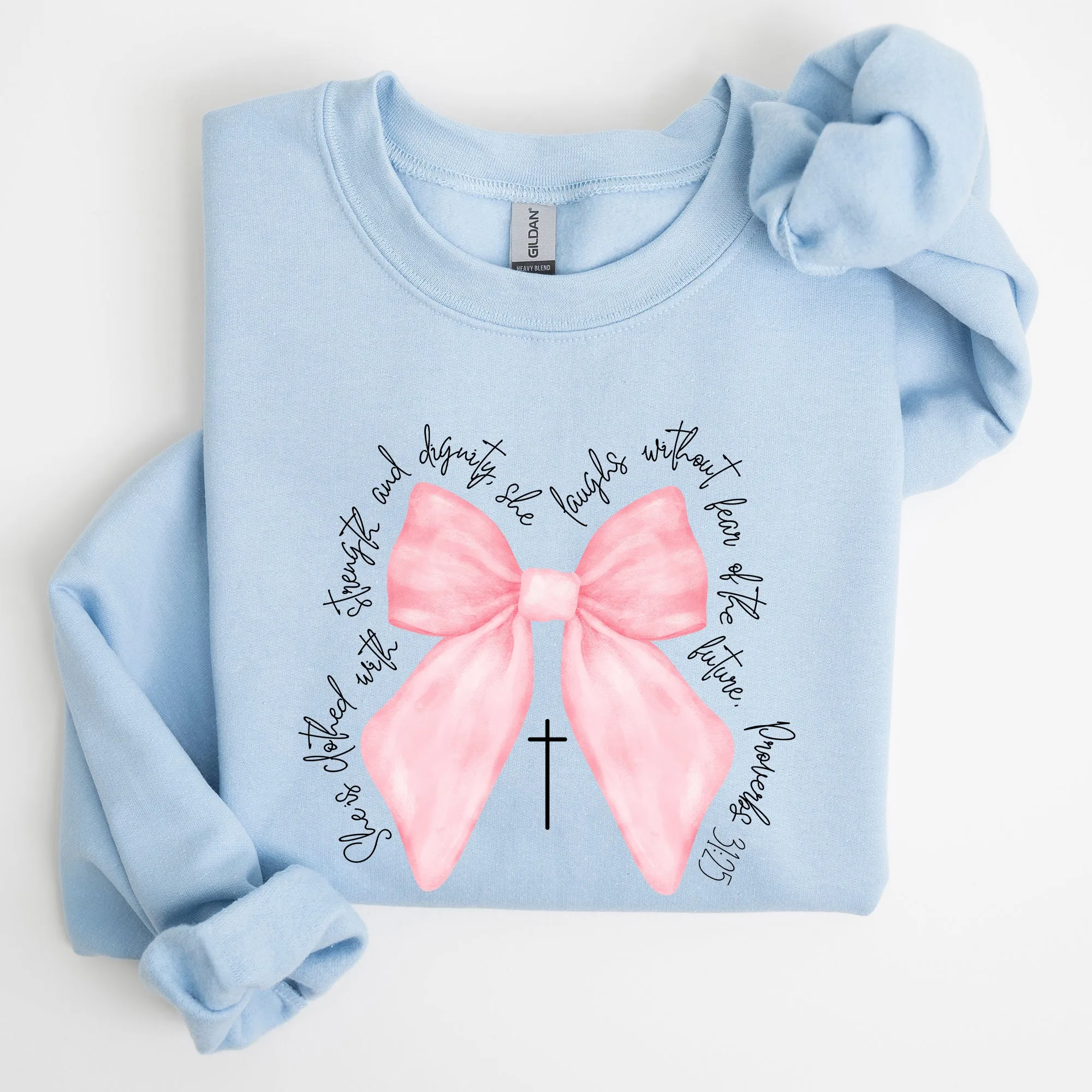 She Is Clothed With Strength and Dignity, Proverbs, Bows, Ribbon, Girly, Religious, Christmas, Faith Sweatshirt sold by Refinery Number One