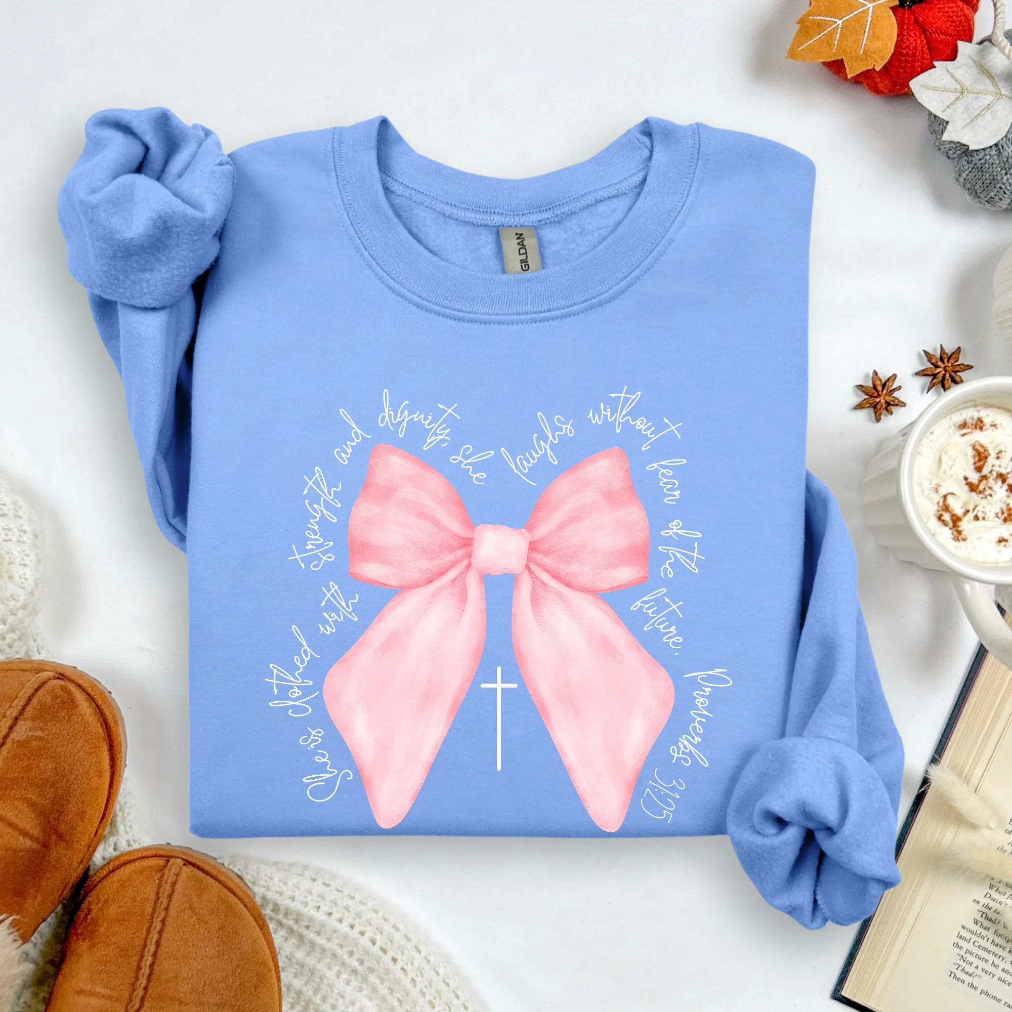 She Is Clothed With Strength and Dignity, Proverbs, Bows, Ribbon, Girly, Religious, Christmas, Faith Sweatshirt sold by Refinery Number One product image thumbnail 2